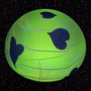 1950s Hand Blown Glass Paperweight Iridescent Swirls W Hearts Manganese 365nm UV